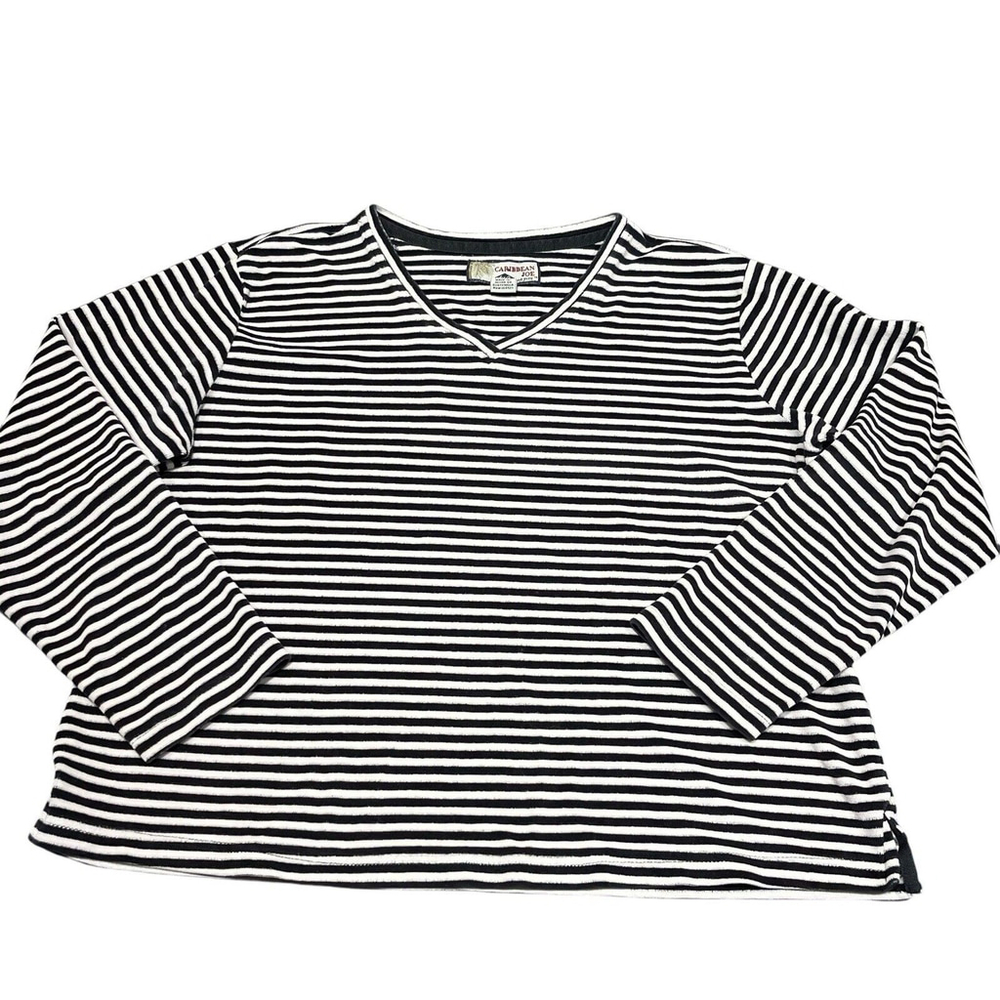 Caribbean Joe Women's Black & White Striped Velour Long Sleeve Shirt Sizeโ PXL
